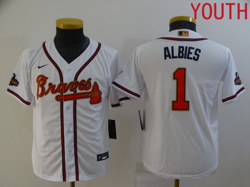 Youth Atlanta Braves 1 Albies White Gold Game Nike 2022 MLB Jersey